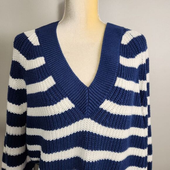 Navy Stripe Sweater VNeck Pullover Cable  Size L oversized - Picture 3 of 12